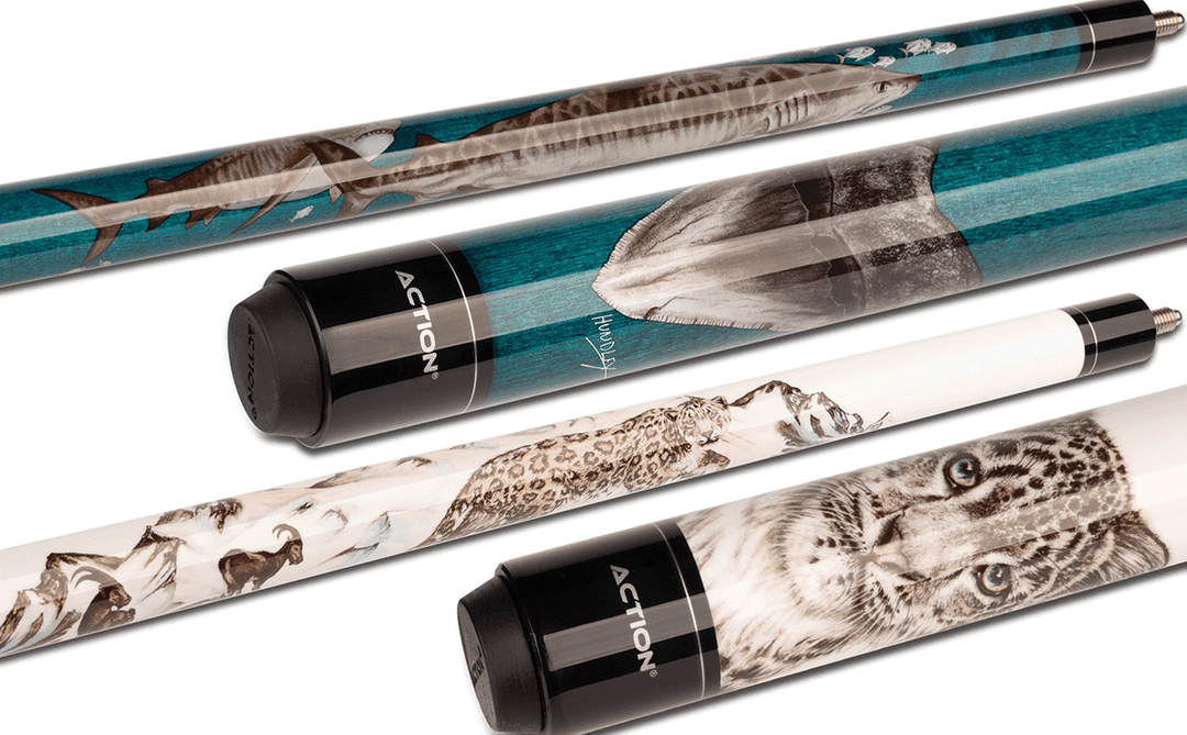 Three different types of pool cues on a white background