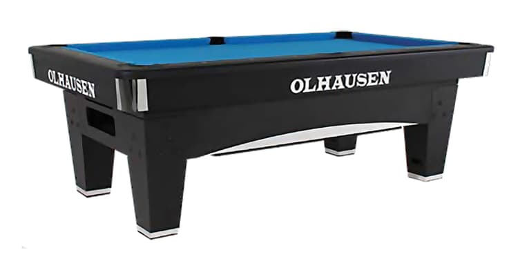 A black pool table with a blue top